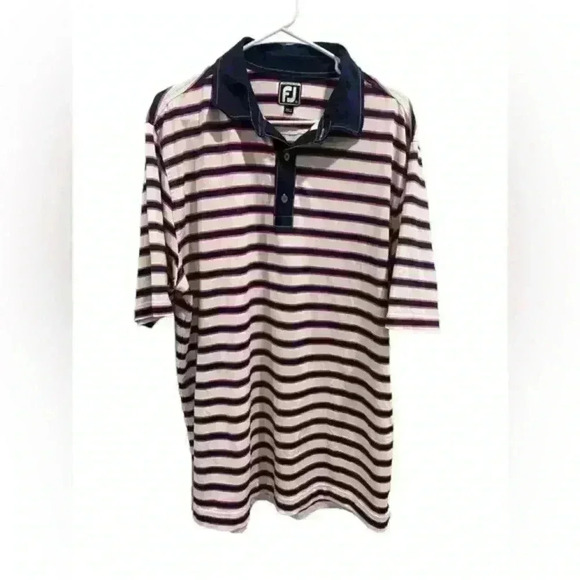 FootJoy Men’s XL Athletic Fit Golf Polo‎ Blue, Pink and White Striped - Picture 1 of 8